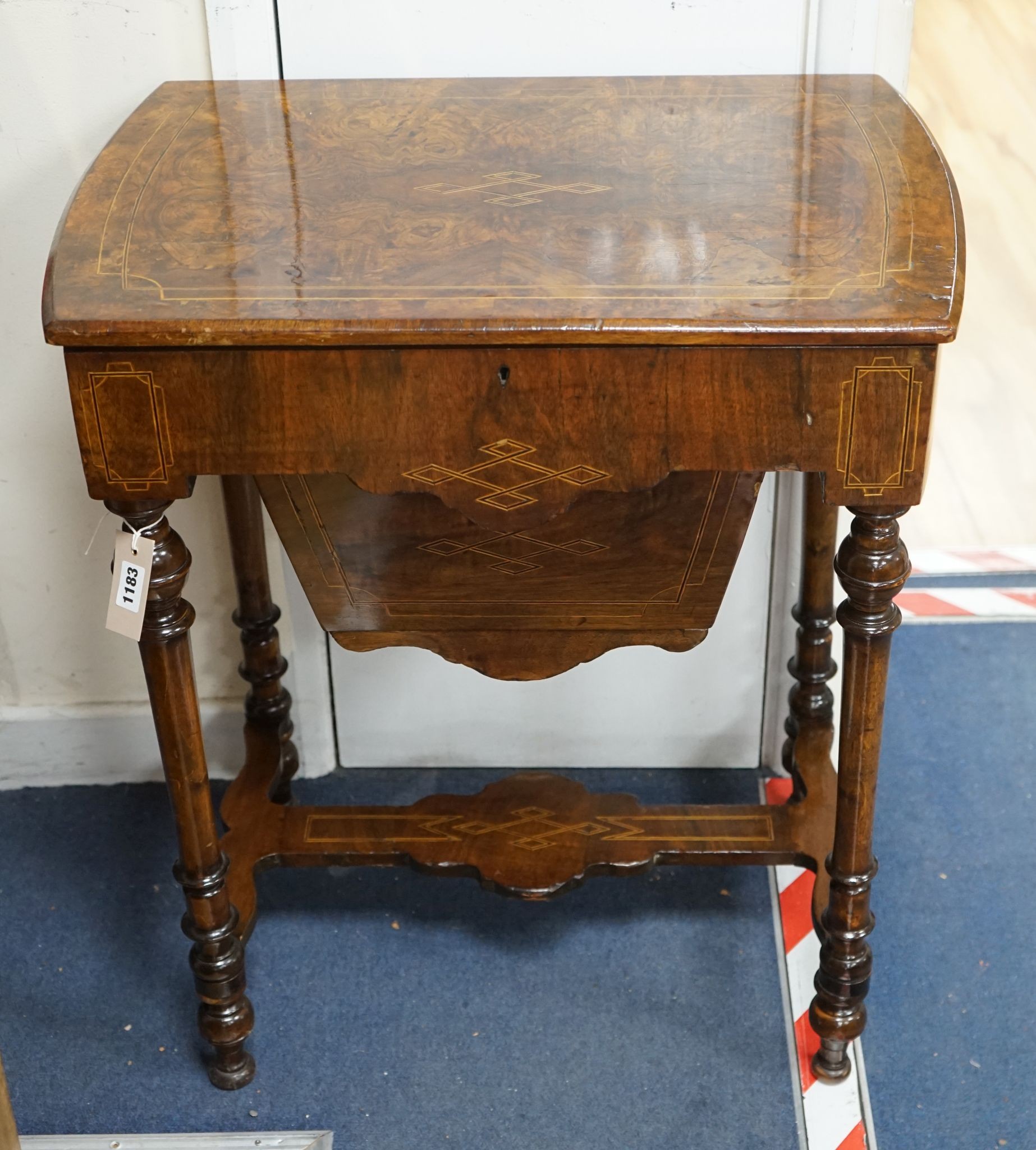 A Victorian inlaid burr walnut work table, width 62cm, depth 40cm, height 72cm